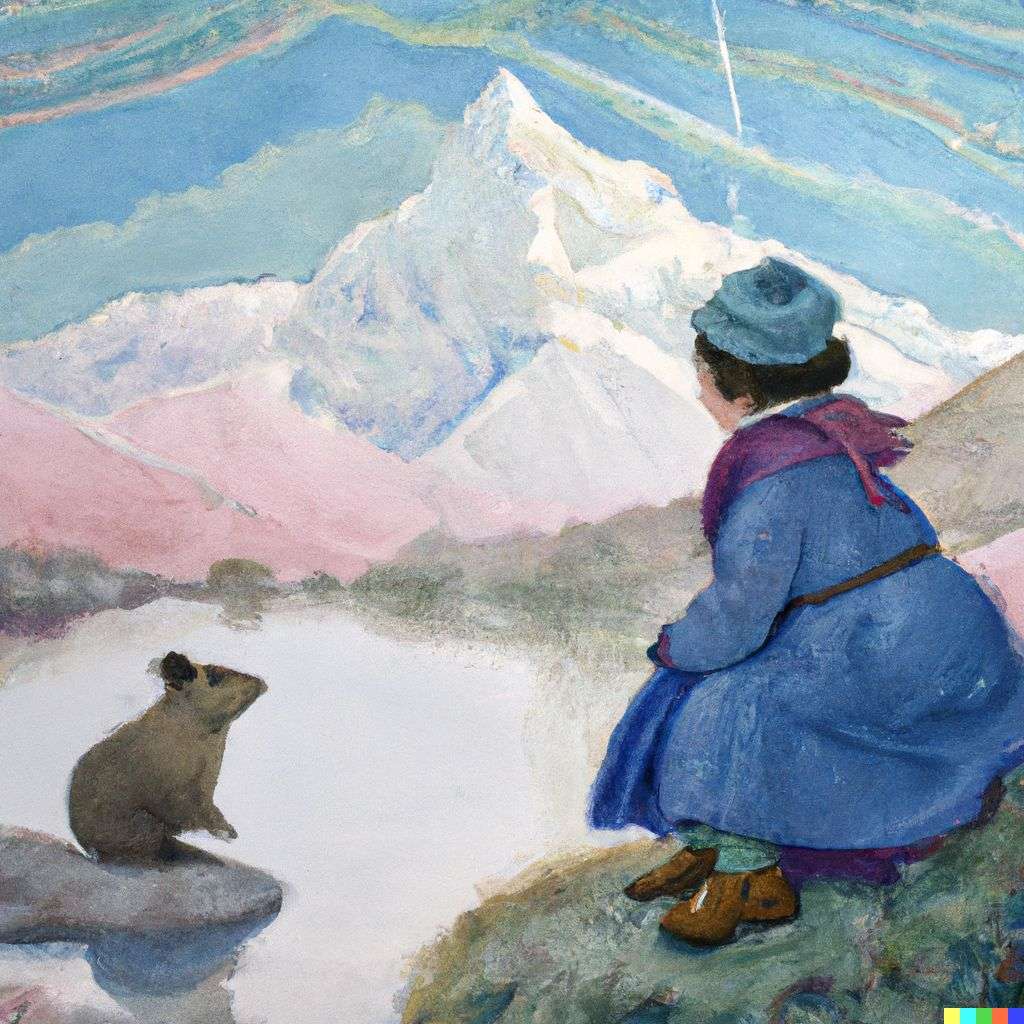 someone gazing at Mount Everest, by Beatrix Potter